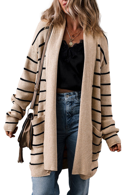 LuckeLadybug black stripe open cardigan with a relaxed fit and cozy design for stylish layering