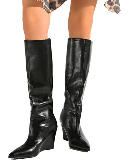 Stylish black wedge heel knee-high boots with a sleek finish for versatile fashion looks