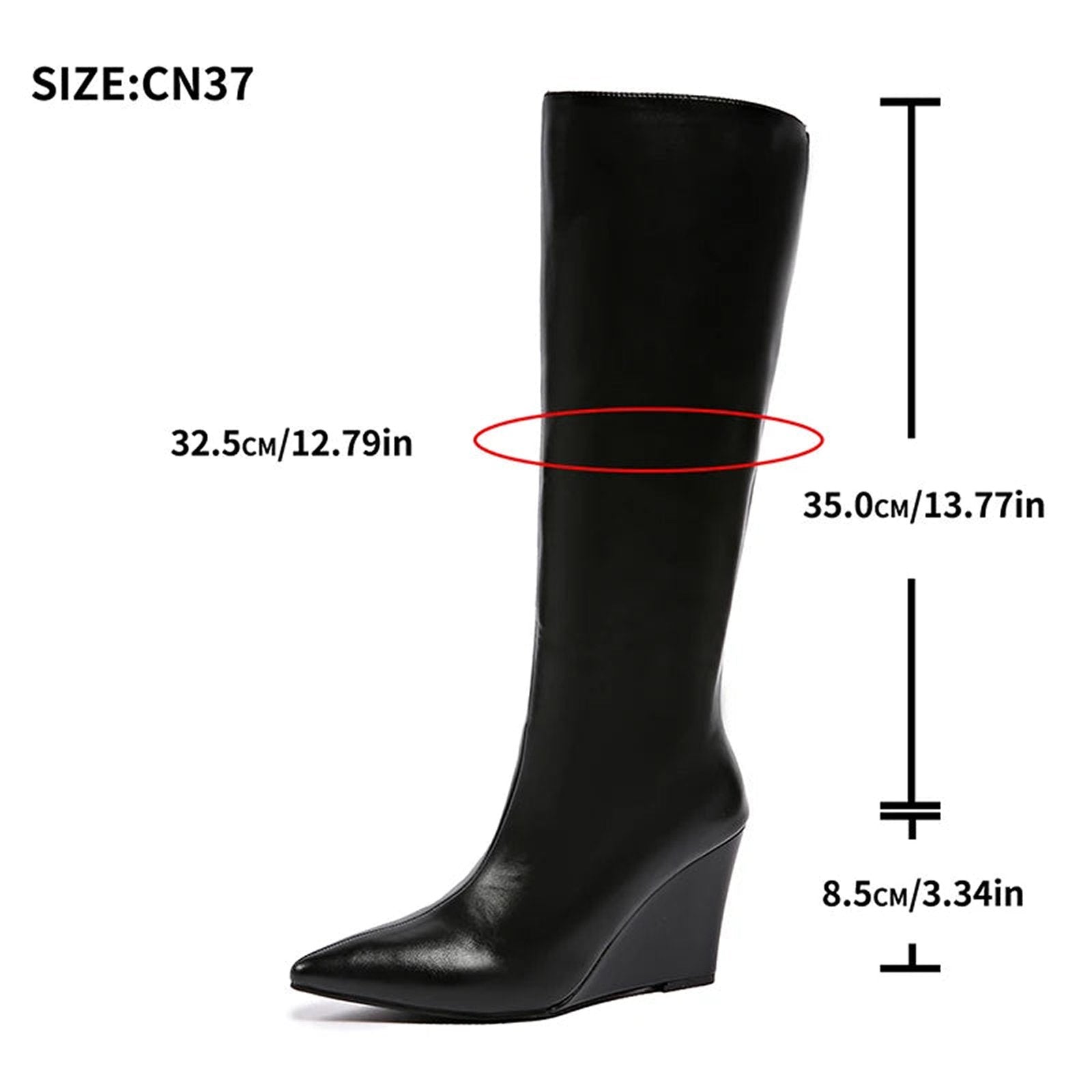 Sleek black wedge heel knee-high boots with a stylish pointed toe and precise measurements
