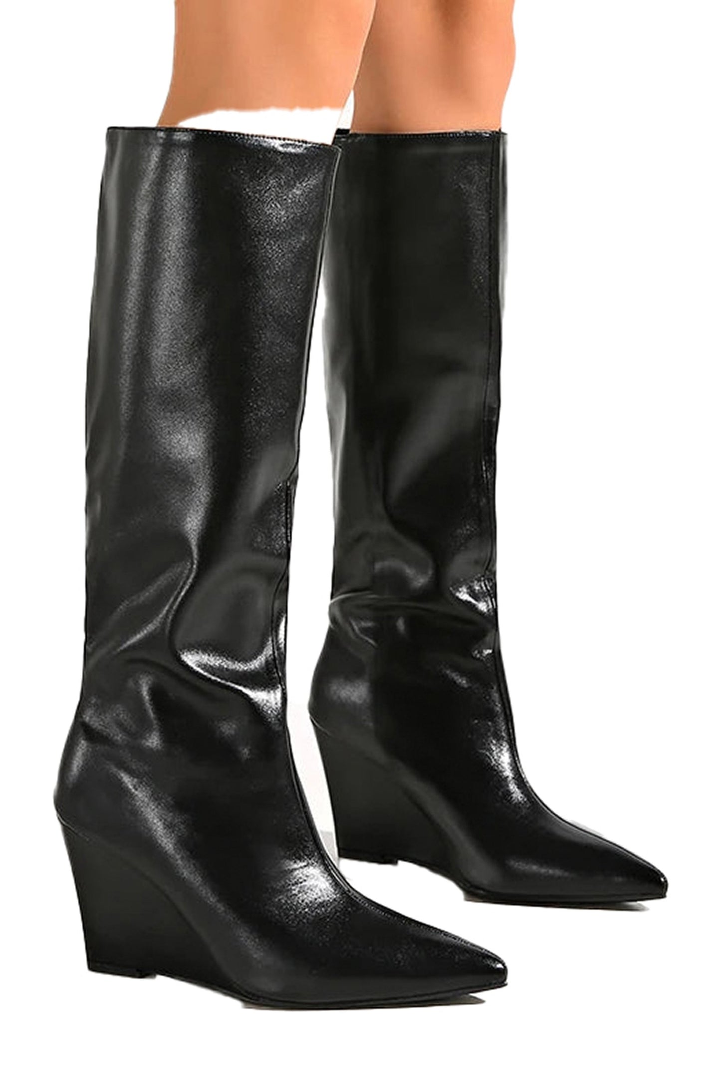 Stylish black wedge heel knee-high boots with a sleek finish and pointed toe design