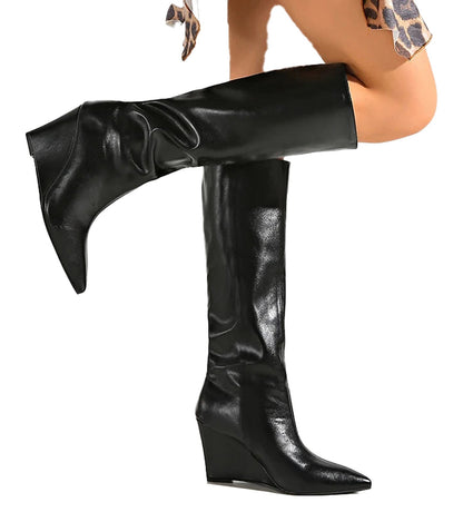 Stylish black wedge heel knee-high boots with a sleek design and pointed toe for a fashionable look