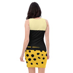 Back view of LuckeLadybug black yellow bodycon dress with sleeveless design and polka dot pattern