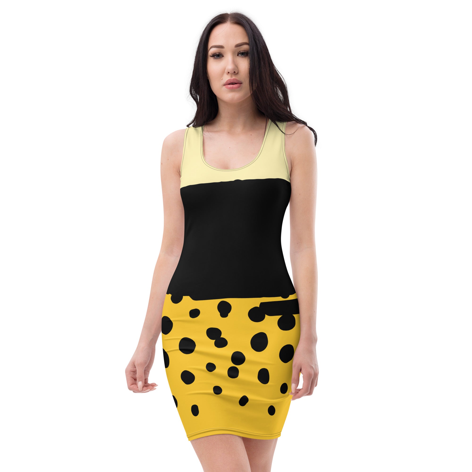 LuckeLadybug black yellow bodycon dress with sleeveless scoop neckline and polka dot skirt design