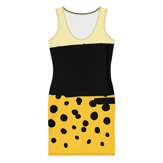 LuckeLadybug black yellow bodycon dress with sleeveless design and spotted pattern on the skirt