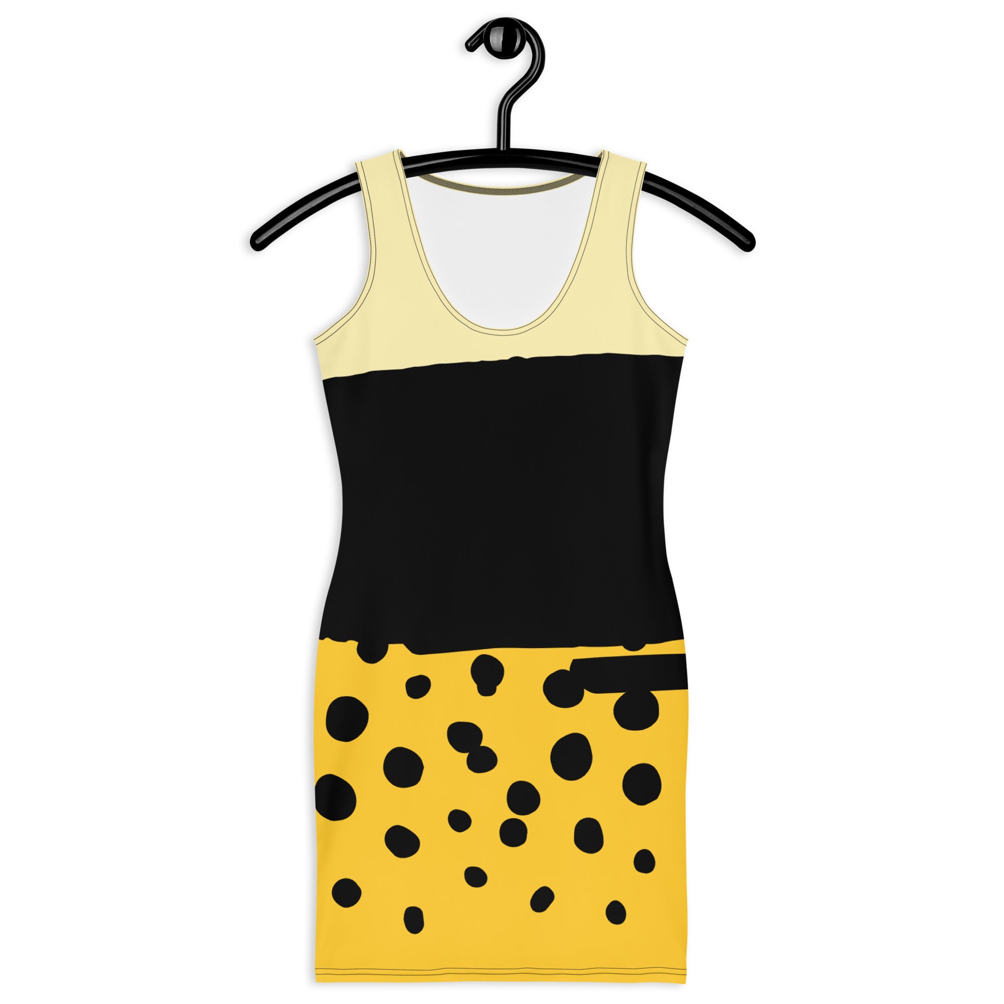 LuckeLadybug black yellow bodycon dress with sleeveless design and polka dot pattern on the skirt