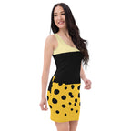 black yellow bodycon dress with sleeveless design and polka dot pattern on skirt