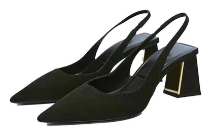 LuckeLadybug block heel slingback pumps for women in black suede with sleek design and gold accents