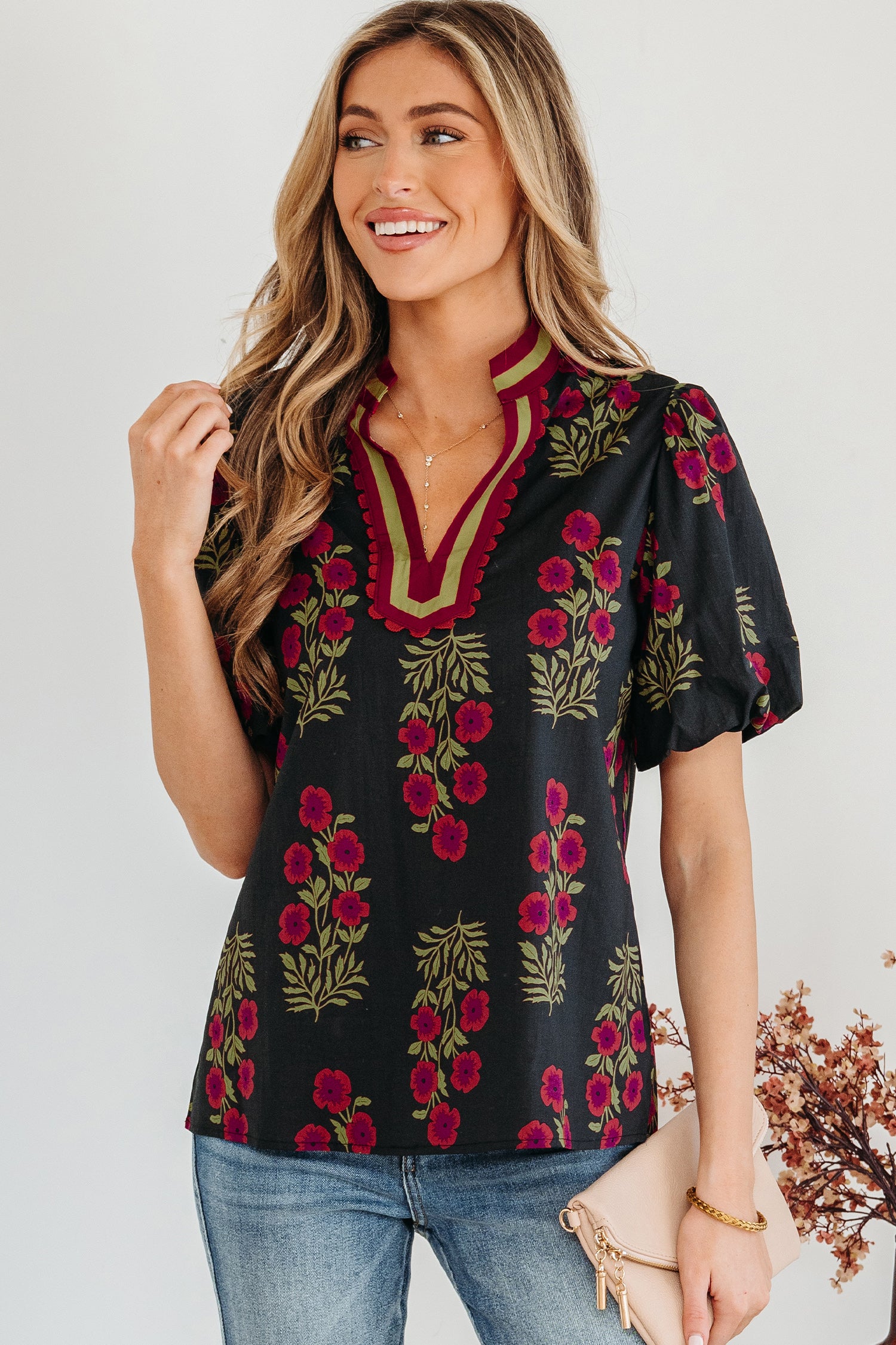 LuckeLadybug LLC Black Blouse Floral with Puff Sleeves and Colorful Floral Design