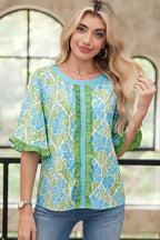 LuckeLadybug LLC Blouse Floral with Blue and Green Flower Print and Ruffled Details