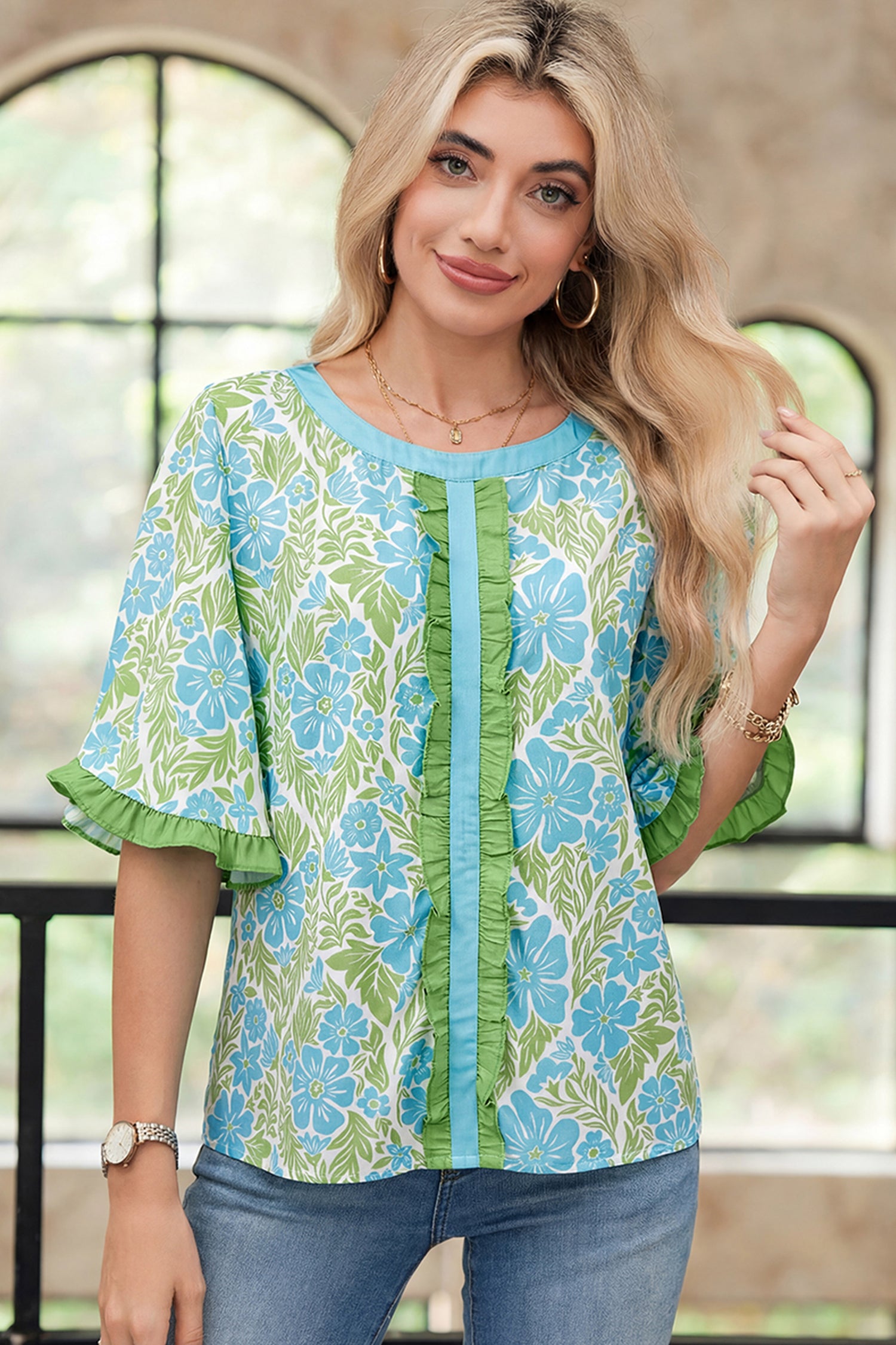 LuckeLadybug LLC Blouse Floral with Blue and Green Flower Print and Ruffled Details