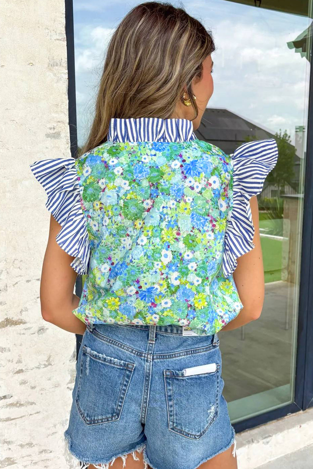 LuckeLadybug LLC Floral Blouse with Ruffled Sleeves and Striped Collar for Stylish Summer Wear