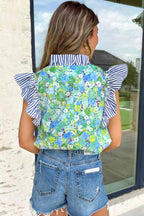LuckeLadybug LLC Floral Blouse with Ruffled Sleeves and Striped Collar for Stylish Summer Wear