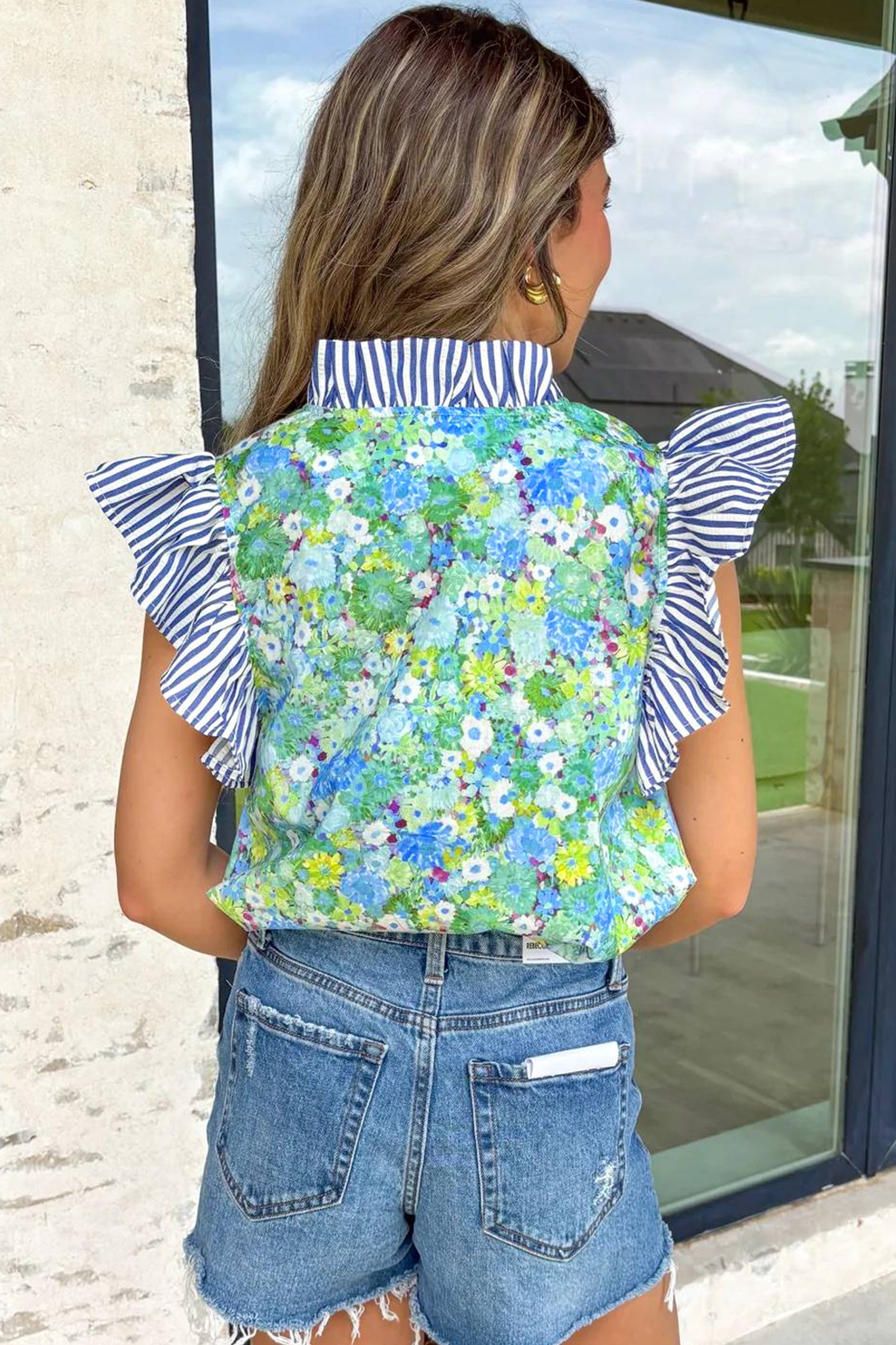 LuckeLadybug LLC Floral Blouse with Ruffled Sleeves and Striped Collar for Stylish Summer Wear