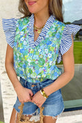 LuckeLadybug floral blouse with ruffled sleeves in green and blue, perfect for summer outfits