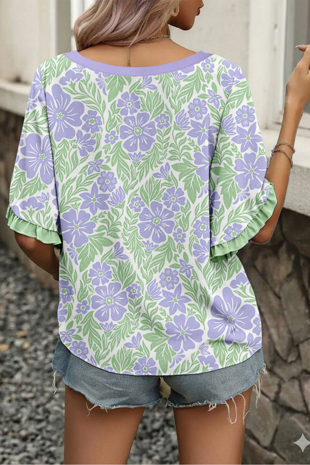 LuckeLadybug LLC Blouse Floral with Purple and Green Flower Pattern in Relaxed Fit