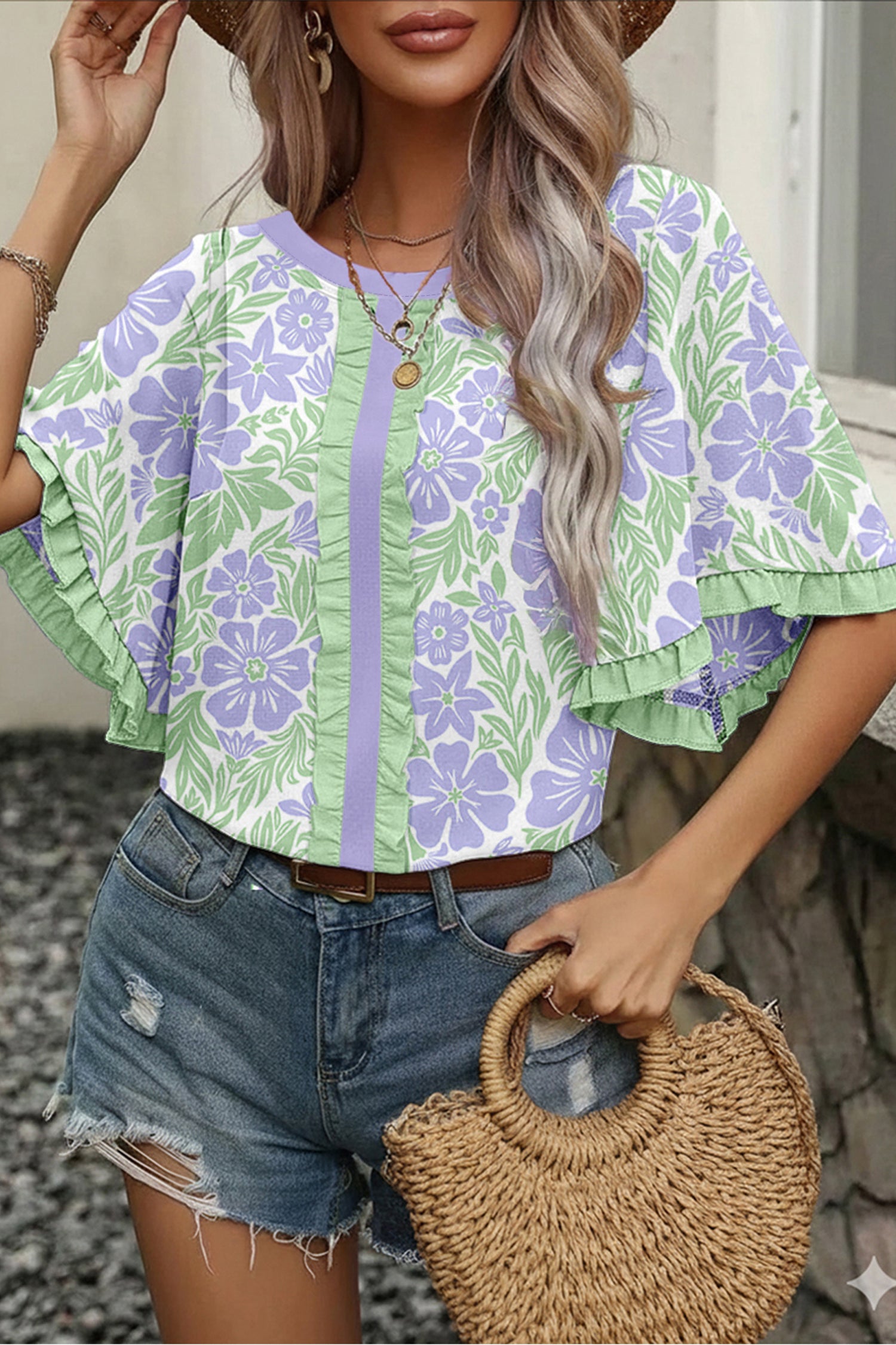 LuckeLadybug LLC Floral Blouse in Lavender and Green with Flutter Sleeves and Lightweight Fabric
