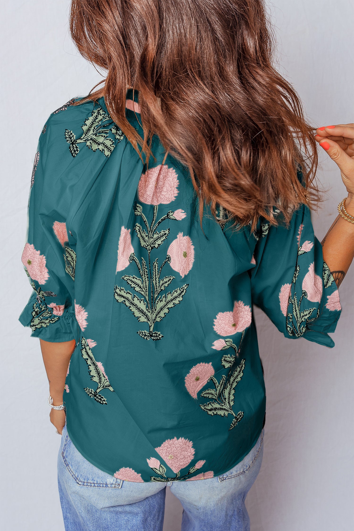 LuckeLadybug LLC blouse floral with vibrant green fabric and pink floral embroidery design