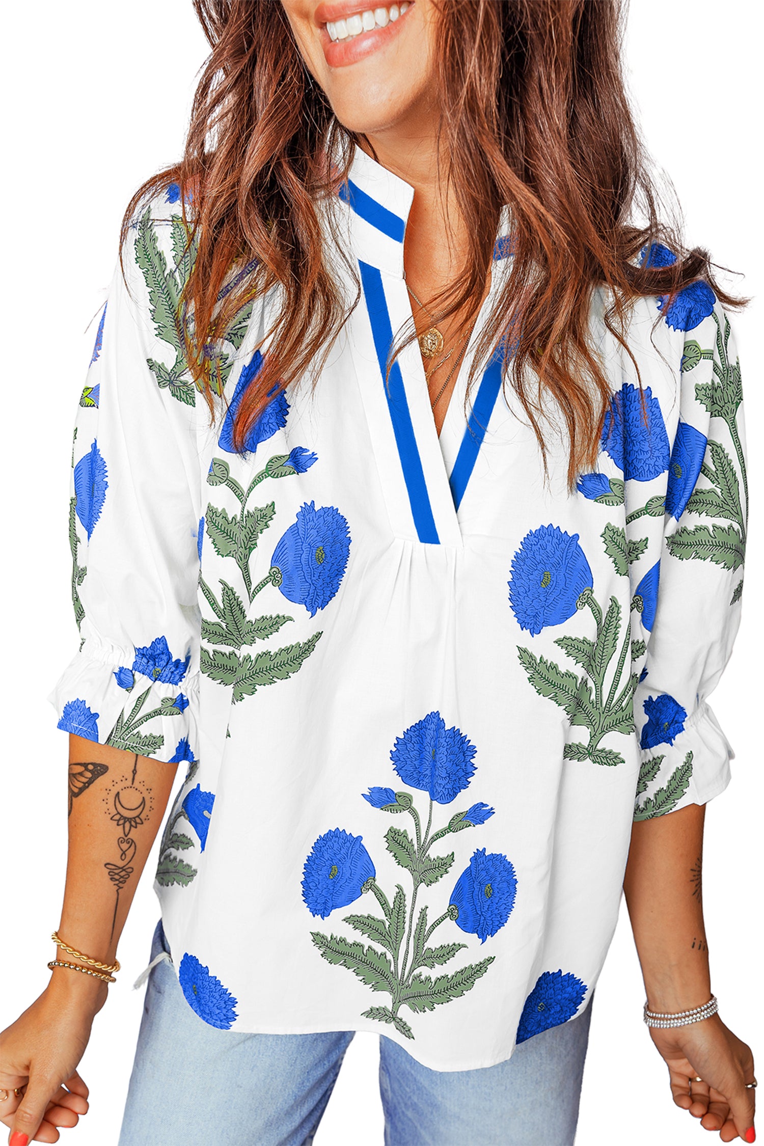 LuckeLadybug LLC floral blouse with blue flower prints and a relaxed fit, perfect for casual wear