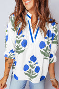 LuckeLadybug LLC Floral Blouse with Blue Flower Print and Stylish Neckline for Casual Wear