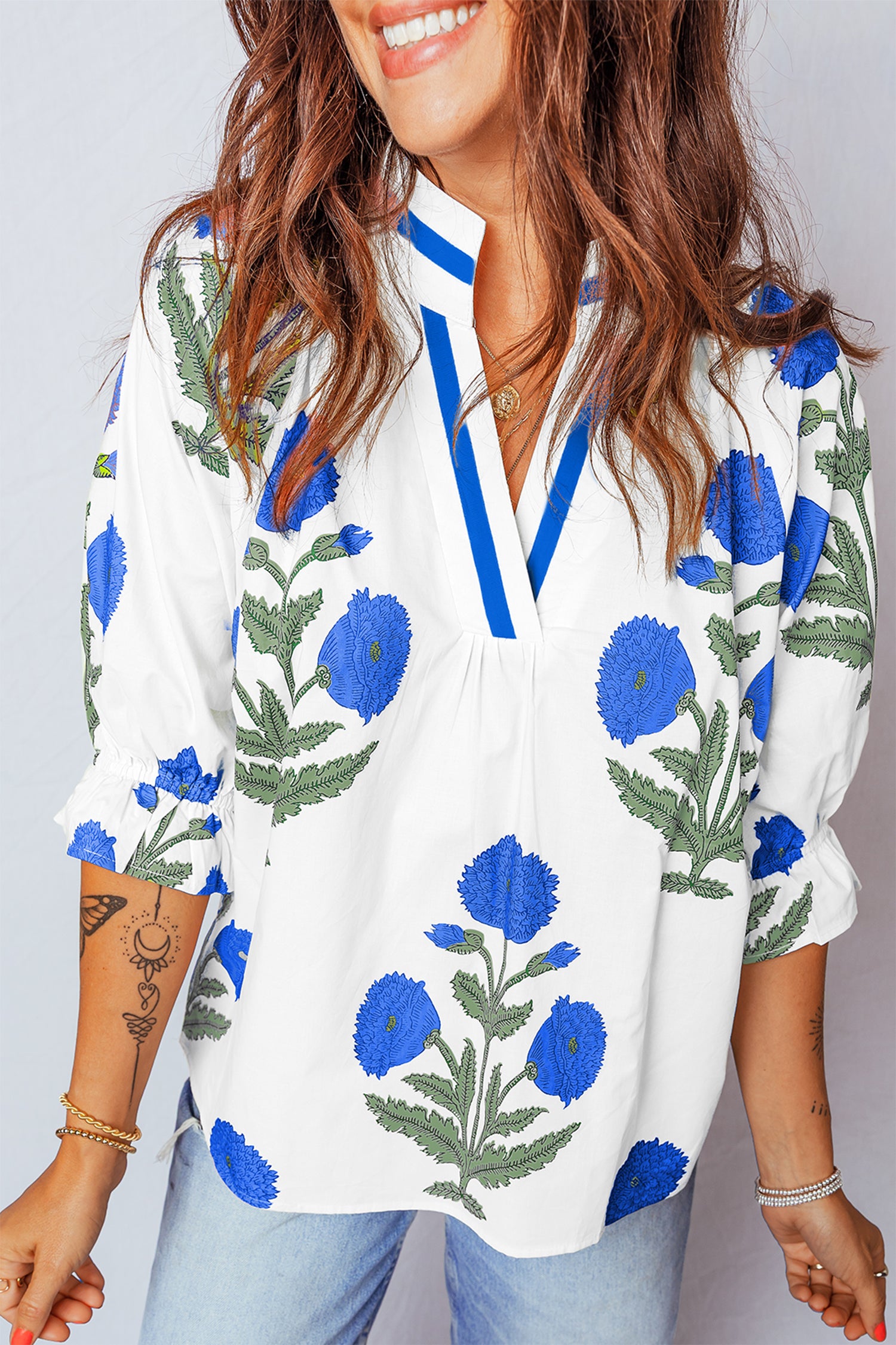 LuckeLadybug LLC Floral Blouse with Blue Flower Print and Stylish Neckline for Casual Wear
