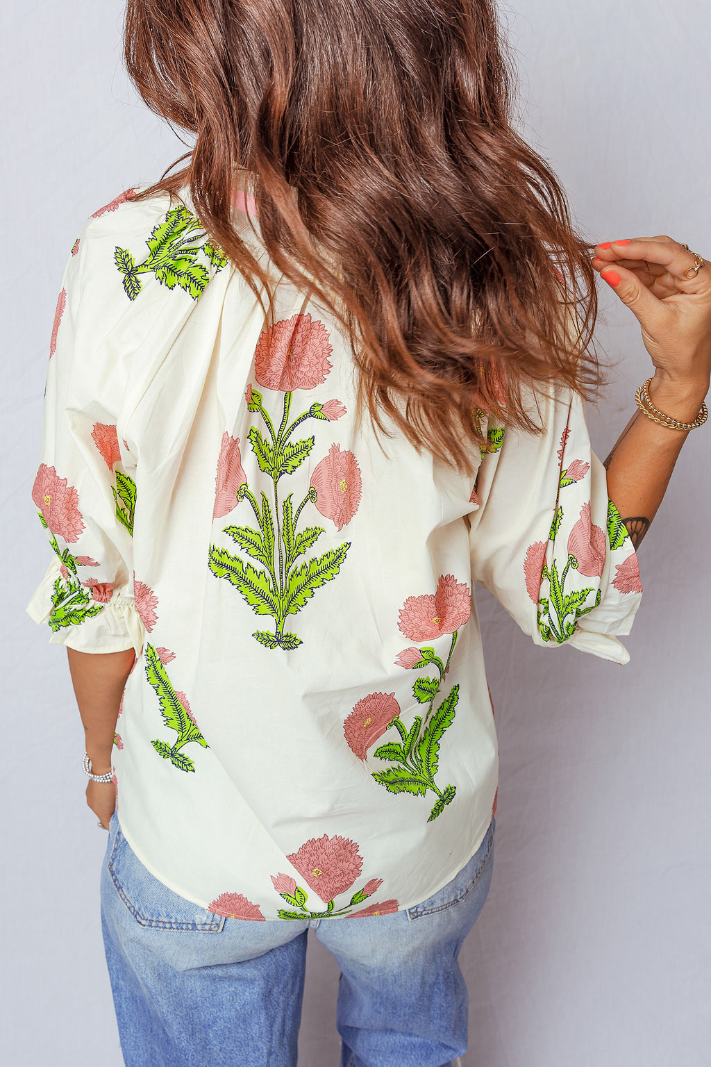 LuckeLadybug LLC Floral Blouse with Colorful Flower Design and Relaxed Fit for Casual Wear