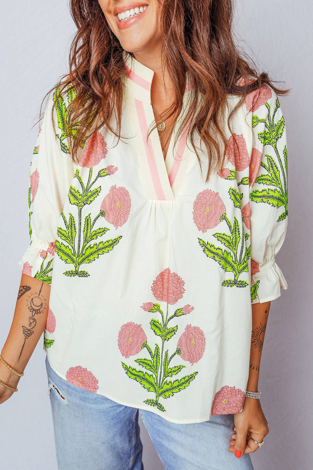 LuckeLadybug LLC Floral Blouse with Pink and Green Embroidery and Half Button Neckline