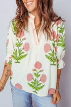 LuckeLadybug LLC Floral Blouse with Pink and Green Embroidery and Half Button Neckline