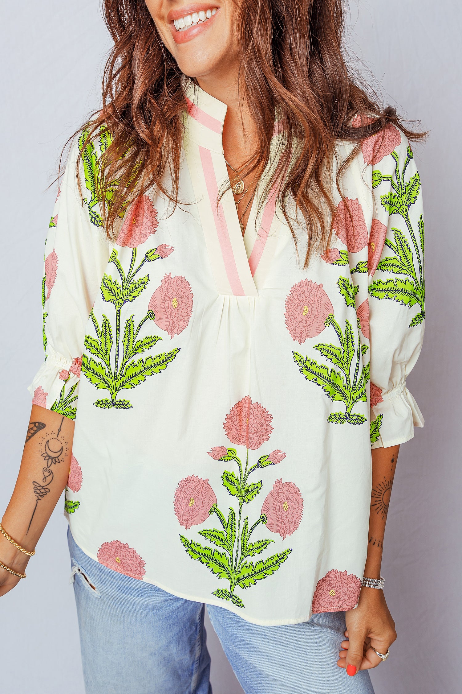 LuckeLadybug LLC Floral Blouse with Pink and Green Embroidery and Half Button Neckline