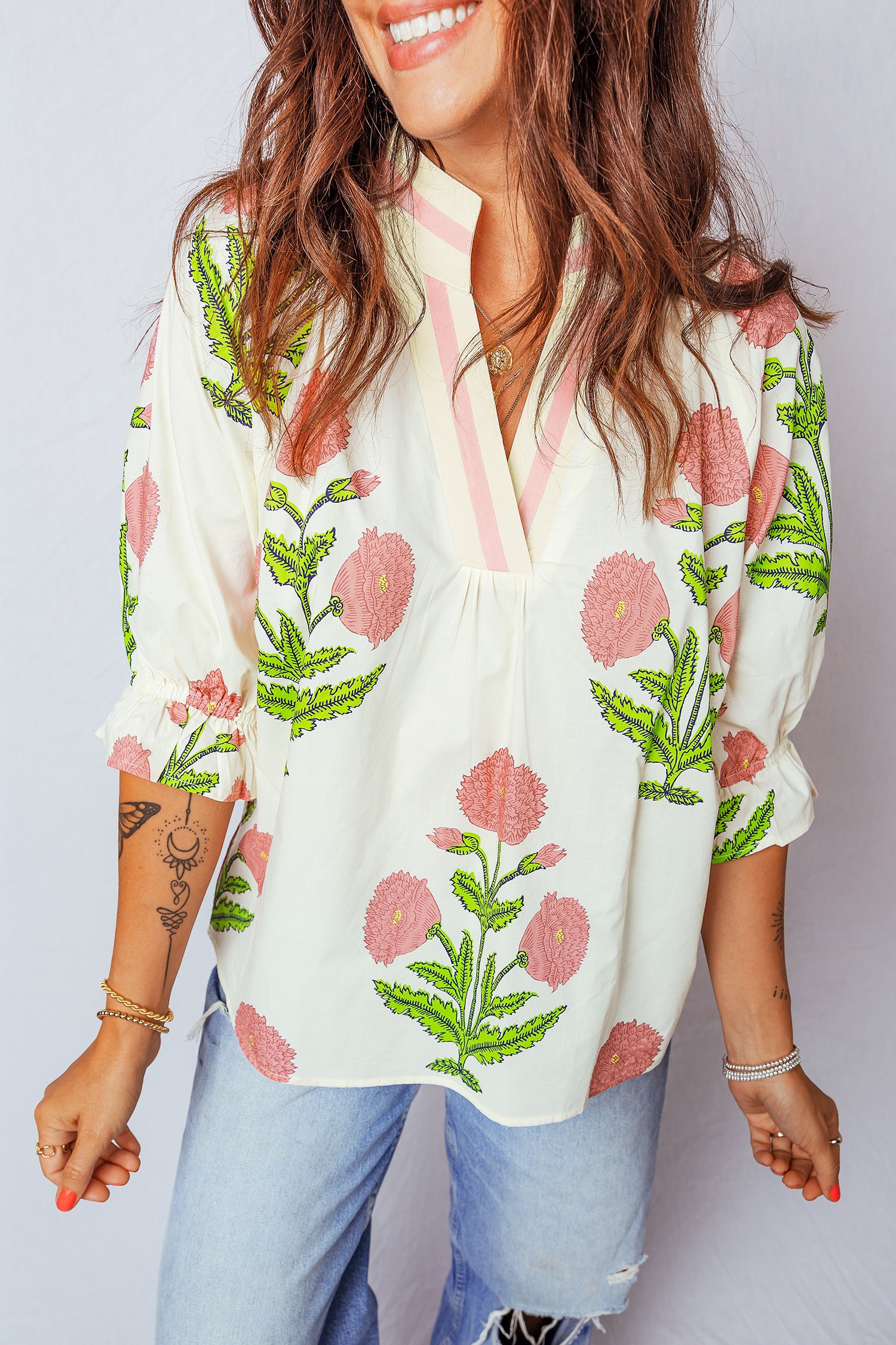 LuckeLadybug LLC Floral Blouse with Pink Flowers and Green Leaves for a Stylish Look