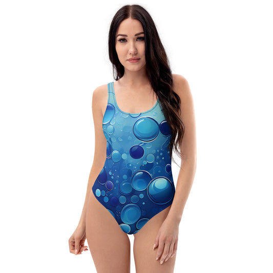 LuckeLadybug blue bubble print one-piece swimsuit for women with a scoop neckline