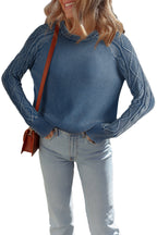 Blue cable knit sweater for women featuring a cozy design and stylish cable detailing on sleeves