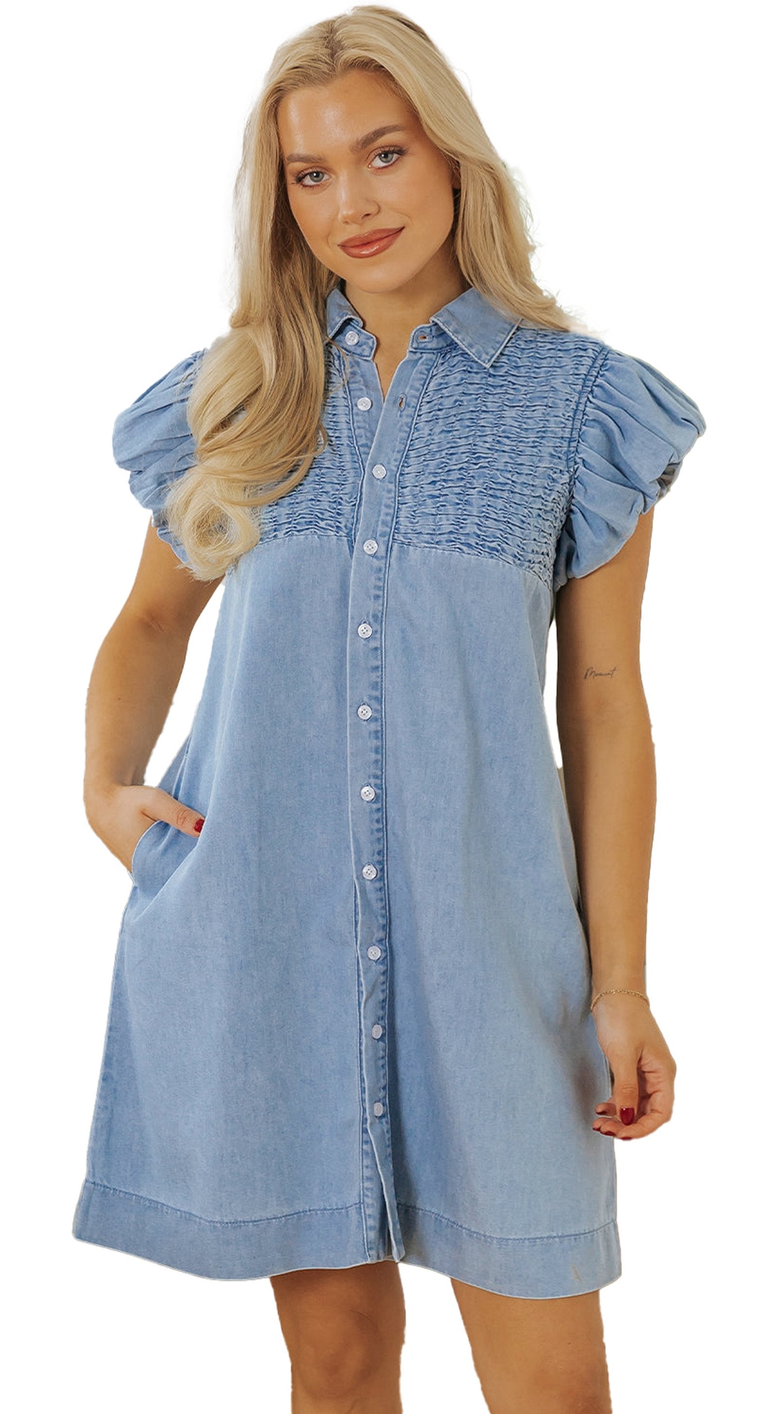 LuckeLadybug blue denim mini dress for women with puff sleeves and button-down front