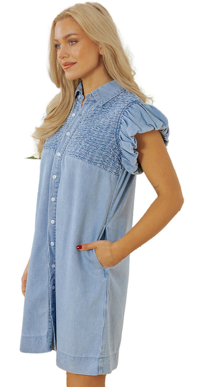 LuckeLadybug blue denim mini dress for women with ruffled sleeves and front pockets
