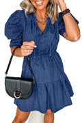 LuckeLadybug blue denim mini dress with puff sleeves and drawstring waist for a stylish look