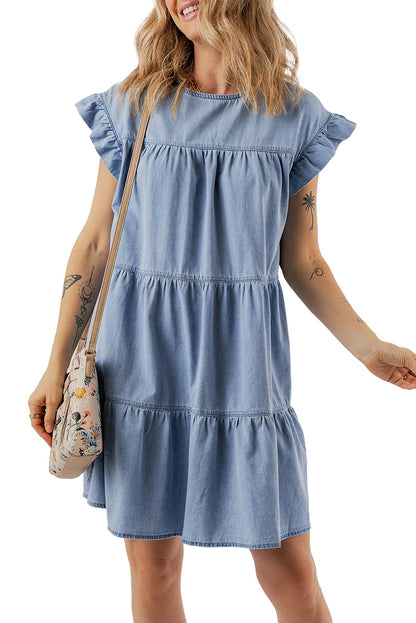 LuckeLadybug blue denim ruffle dress with tiered design and short sleeves