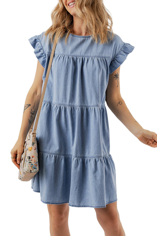 LuckeLadybug blue denim ruffle dress with tiered design and short sleeves