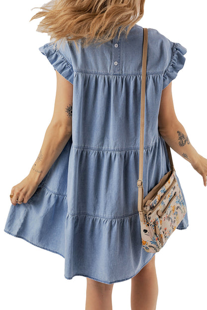 LuckeLadybug blue denim ruffle dress with a tiered design for a casual summer look