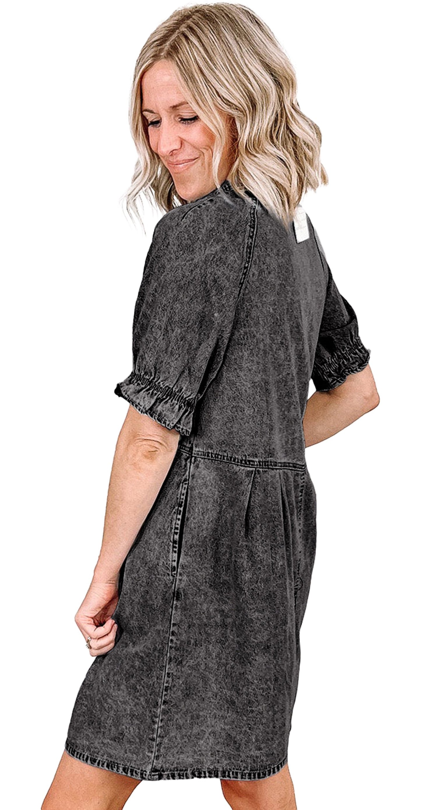Stylish blue denim ruffle sleeve dress offers a chic look with a relaxed fit