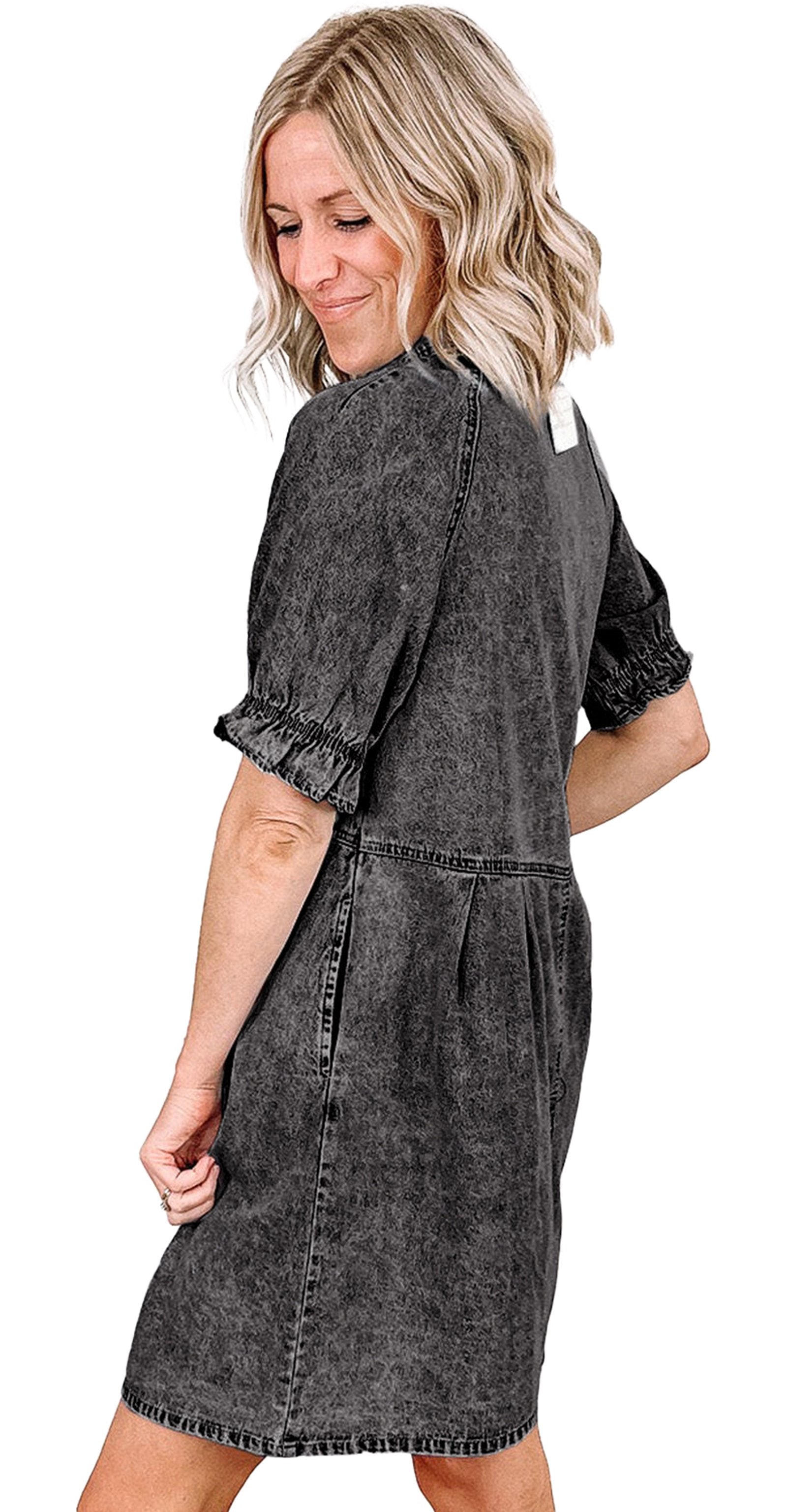 Stylish blue denim ruffle sleeve dress offers a chic look with a relaxed fit