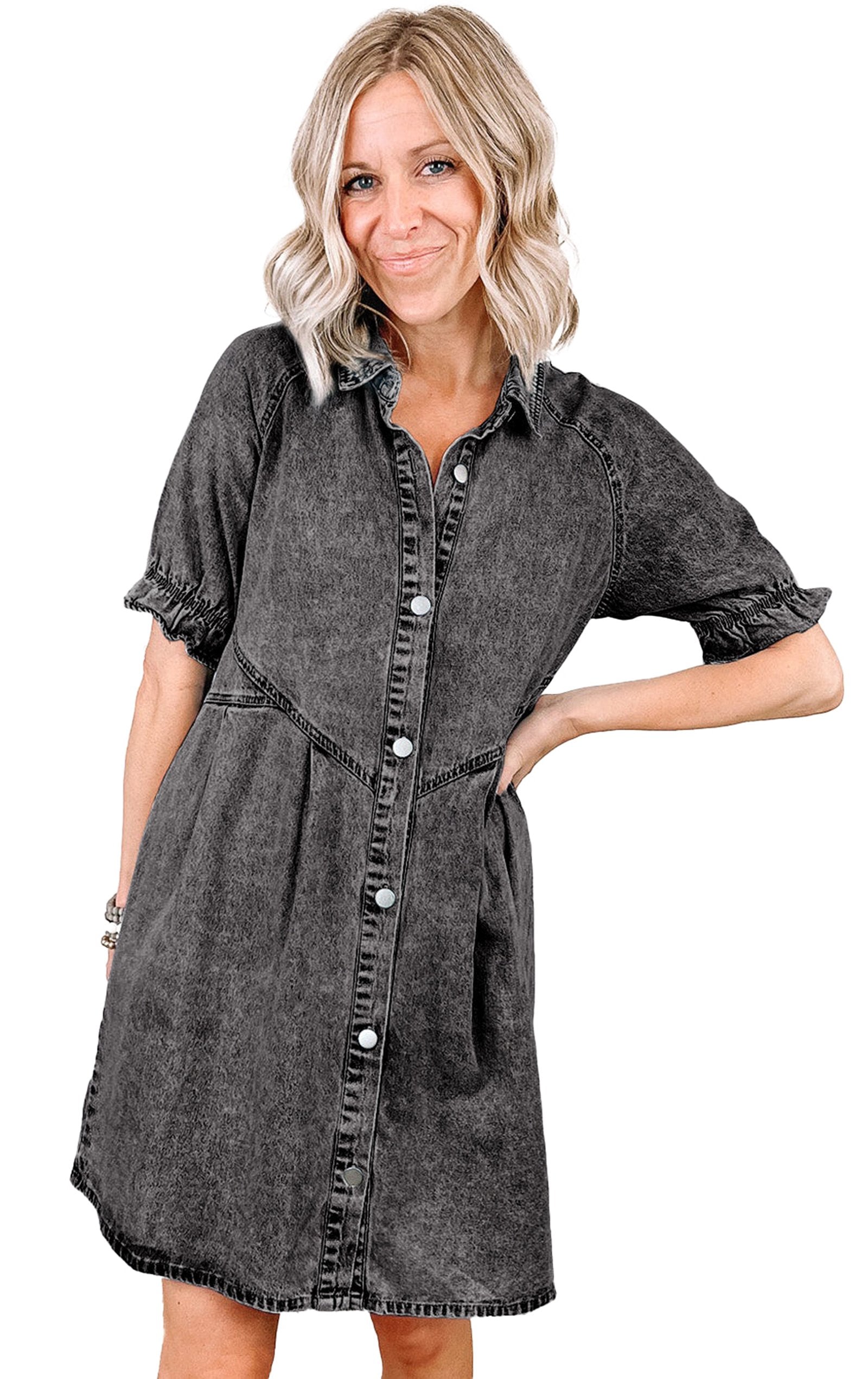 LuckeLadybug blue denim ruffle sleeve dress featuring a button-down design and a relaxed fit