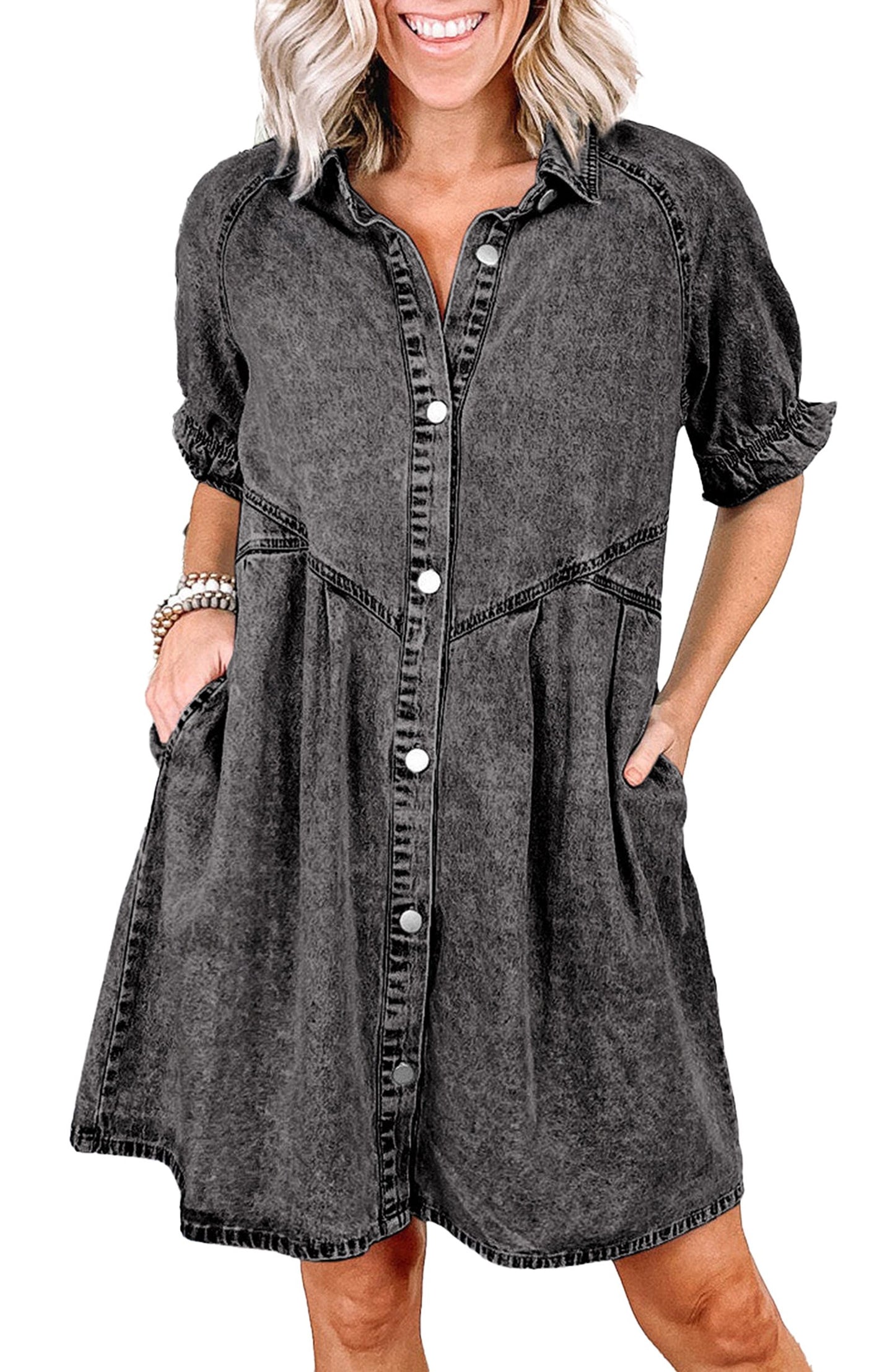 LuckeLadybug blue denim ruffle sleeve dress with button details and pockets, perfect for casual outings