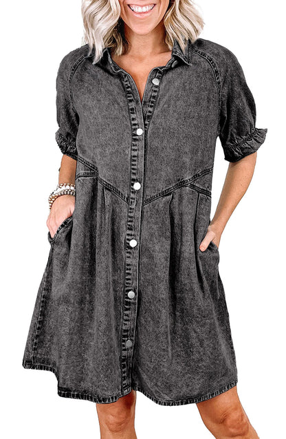 LuckeLadybug blue denim ruffle sleeve dress with button details and pockets, perfect for casual outings