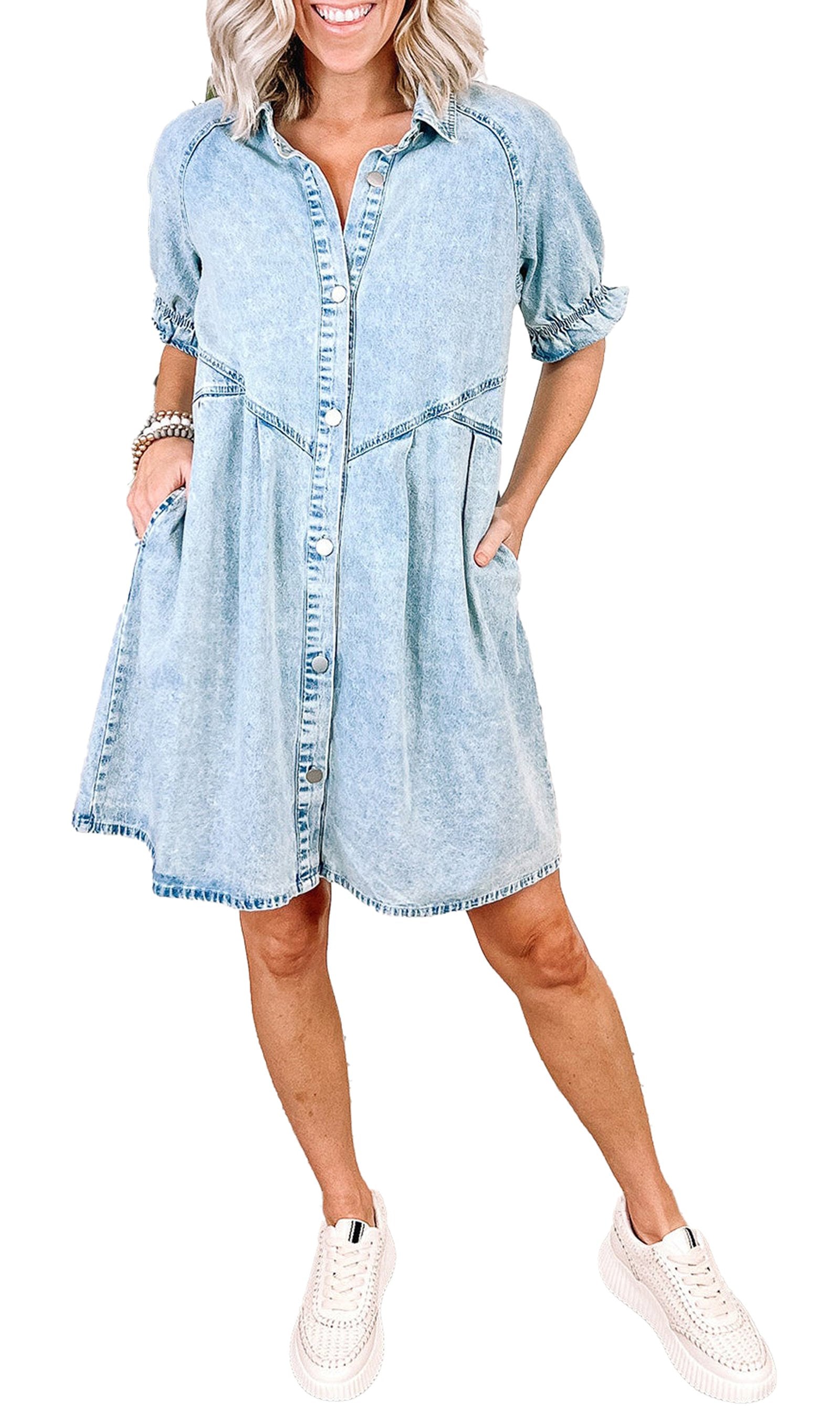 LuckeLadybug blue denim ruffle sleeve dress with button-down front and pockets for casual summer outfits