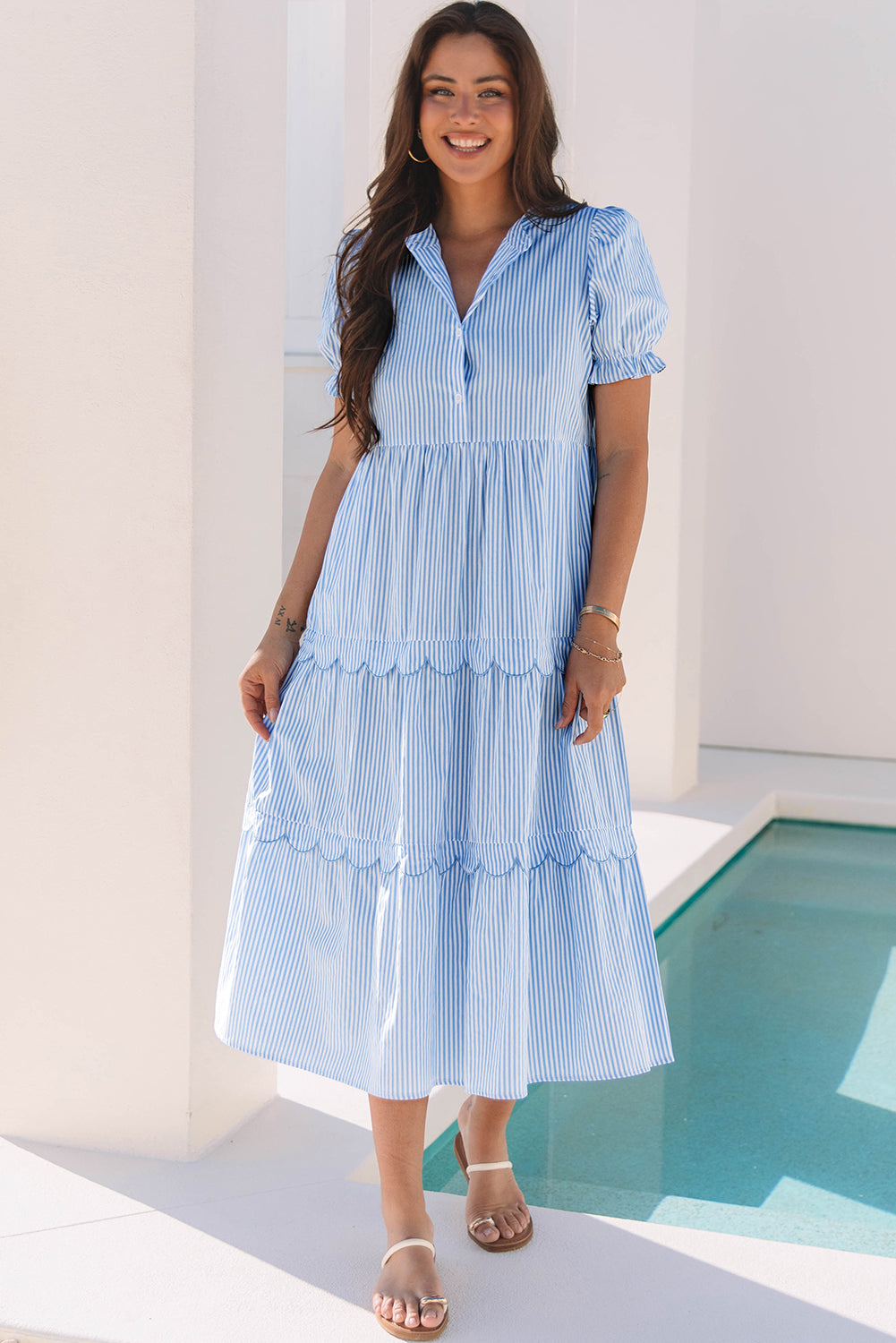 LuckeLadybug LLC Fit & Flare Blue Dress Dress with Puff Sleeves and Tiered Design