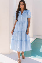 LuckeLadybug LLC Fit & Flare Blue Dress Dress with Puff Sleeves and Tiered Design