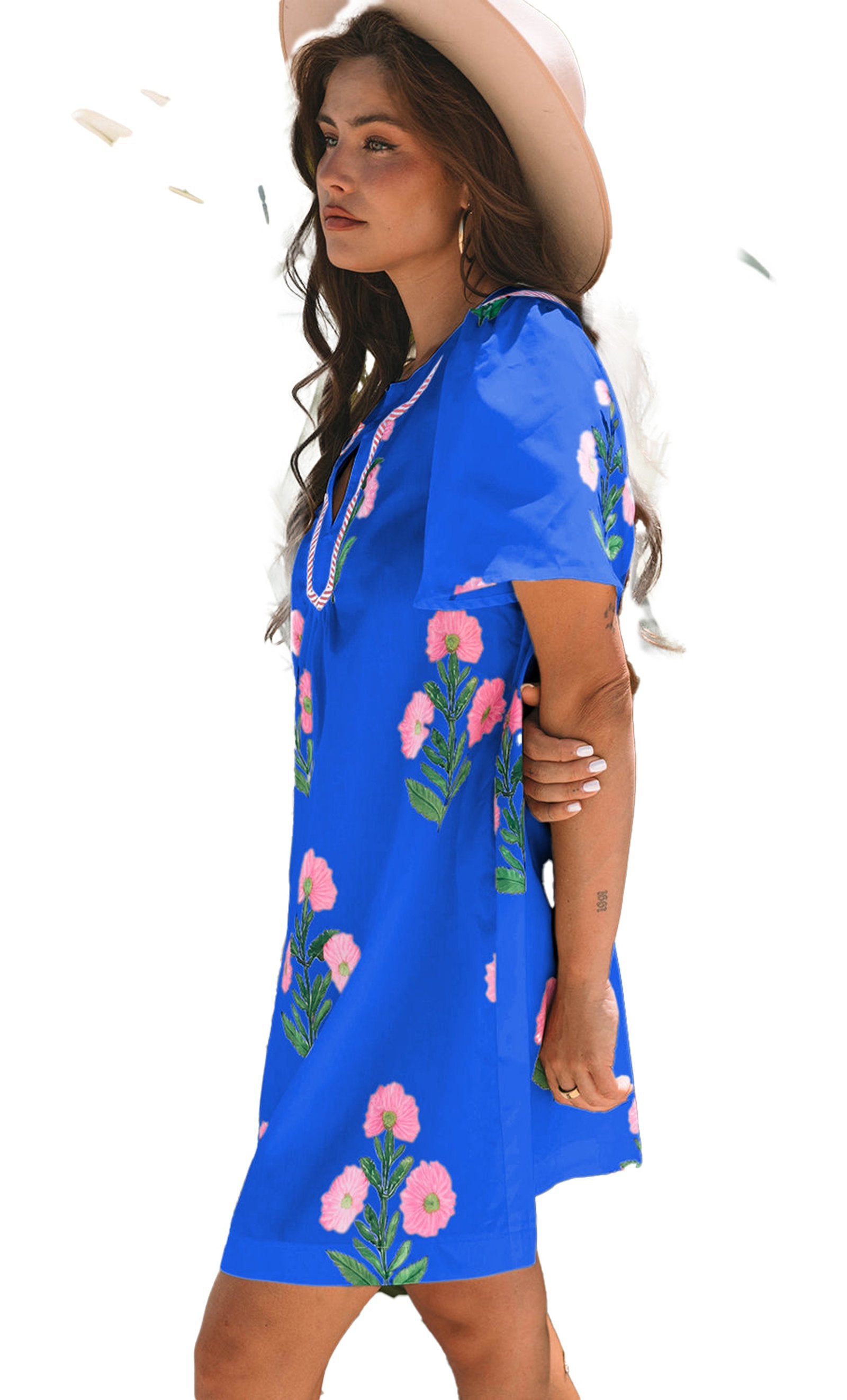 LuckeLadybug blue floral mini dress with vibrant flower patterns and short sleeves, perfect for summer outings