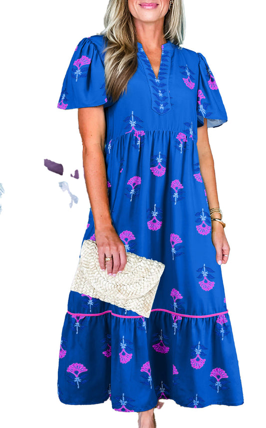 LuckeLadybug blue floral print maxi dress featuring a ruffled sleeve design and vibrant pink patterns