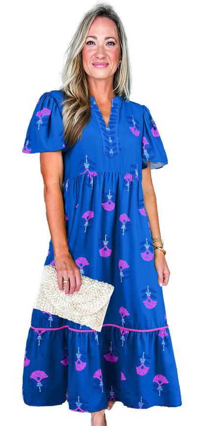 LuckeLadybug blue floral print maxi dress with short sleeves and a tiered design for stylish summer wear