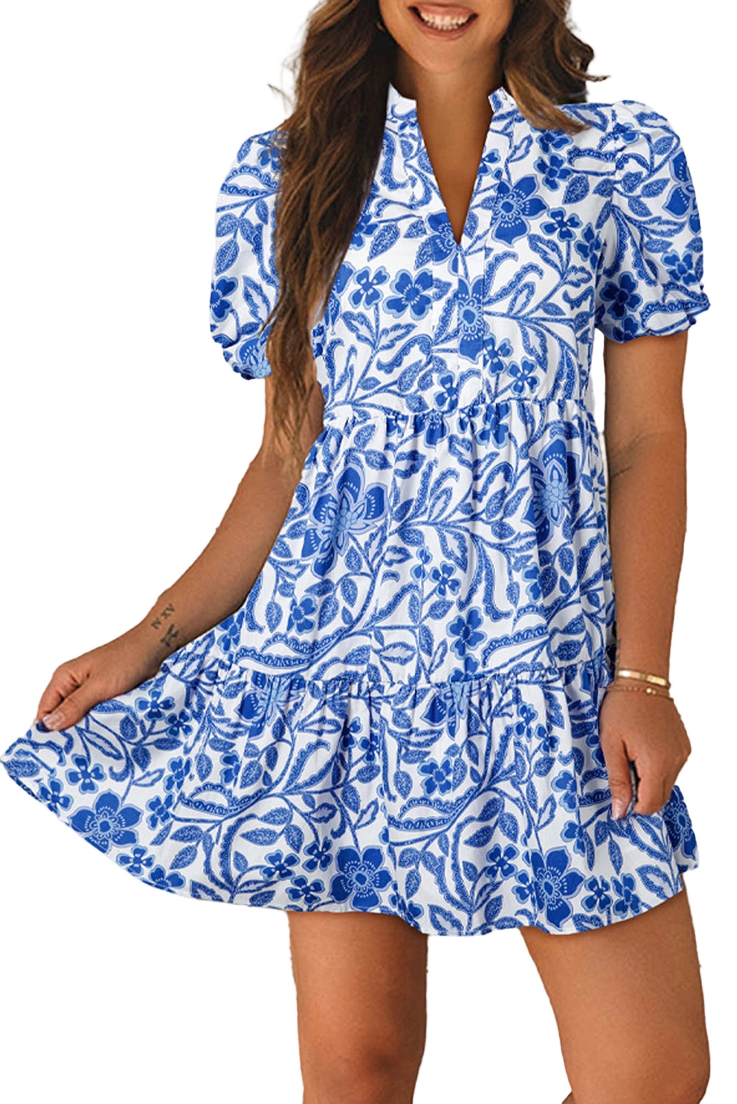 LuckeLadybug blue floral puff sleeve dress with a stylish tiered design and comfortable fit