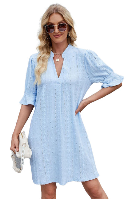 LuckeLadybug blue jacquard mini dress with short sleeves and a v-neckline, perfect for summer outings.